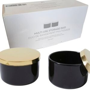 Z Gallerie Multi Use Storage Duo Ceramic Canisters with Gold Metal Lids NIB